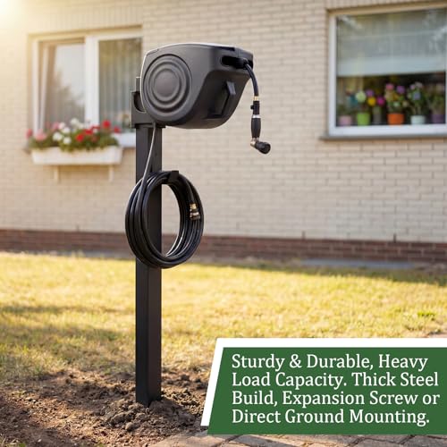 33 Inch Retractable Hose Reel Mounting Post with Multi-functional Hook Heavy Duty Vertical Stand for Garden Outdoor