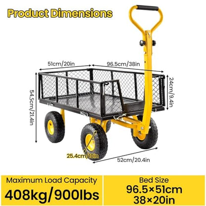Garden Cart Steel Heavy Duty, 900LBS Capacity, Pullable Metal Yard Lawn Cart with 10 inch Wheels and Handle, Attach to ATV Or Tractor for Gardening Soil Tools Plant Transport, Black