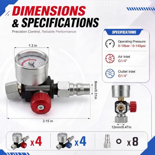 8 Sets Air Pressure Regulator Kit, 1/4"-G Spray Paint Gun