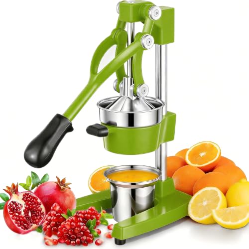 Commercial Heavy Duty Cast Iron Hand Press Manual Orange Citrus Lemon Lime Grapefruit Pomegranate Fruit Juice Squeezer Machine with Stainless Steel Cup Green - color: Green, size: 15 Inch