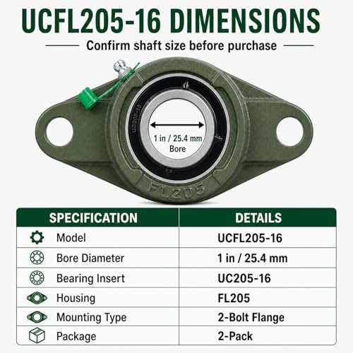 UCFL205-16 Flange Bearing 1in, Cast Iron, Chrome Insert, 2-Pack - size: 5.118 in
