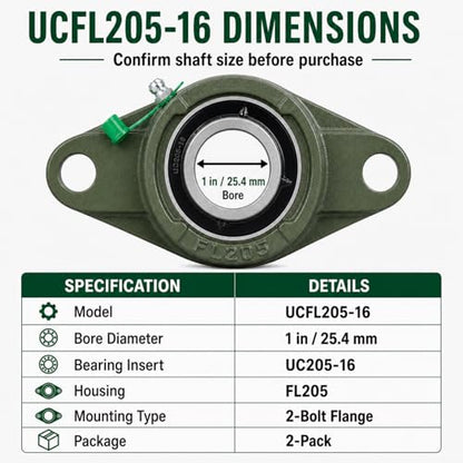 UCFL205-16 Flange Bearing 1in, Cast Iron, Chrome Insert, 2-Pack - size: 5.118 in