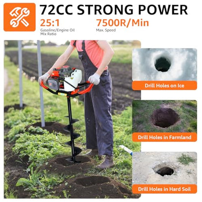 72CC Auger Post Hole Digger Gas Powered w/ 3 Bit & 2 Rods - color: 4" & 8" & 12" Auger Bits + 24“ & 24" Ext Rod