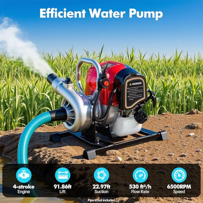Clean Water Pump, 1.5" Gas Powered Water Transfer Pump with 4-Stroke Engine, Portable Irrigation Pump, 15m³/H High Flow, 91.8 ft Max Lift, 22.9 ft Suction for Garden,Farm,Pond & Lawn Watering