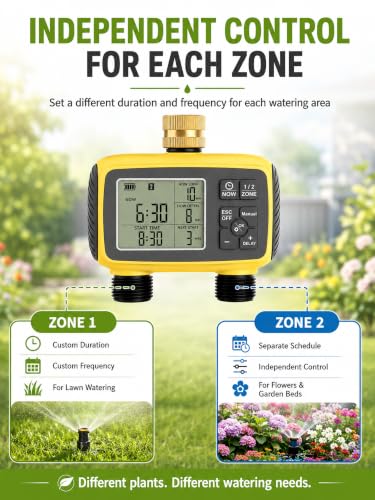 Hose Timer 2 Outlet, 2 Zone Programmable Sprinkler Timer with Rain Delay & Manual Mode, Heavy Duty Digital Timer for Garden Hose, Auto Irrigation Controller for Lawn, Yard & Drip Irrigation Outdoor