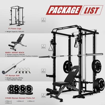 RitFit PPC-P3 Power Cage with Cable Crossover System, 1200LB Capacity - color: Black, style: Package 1.5K (with BP 230lbs Plates)