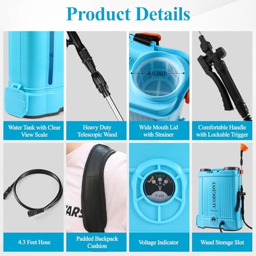 Battery Powered Backpack Sprayer 4 Gallon with Auto-Mixing System, 2 Spray Wands, Compatible with Makita 21V Battery, 100 PSI Electric Sprayer with 21V 2.6Ah Battery & 6 Nozzles, for Weeding, Spraying - size: 4 Gallon