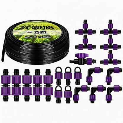 Tondiamo 250' 5/8 Inch Drip Tape Irrigation Tubing Kit 16 Mil 6" Spacing Garden Hose Watering Tube Line Automatic Equipment for Garden Irrigation System Farms, Landscape, Lawn - size: 250', 16 Mil