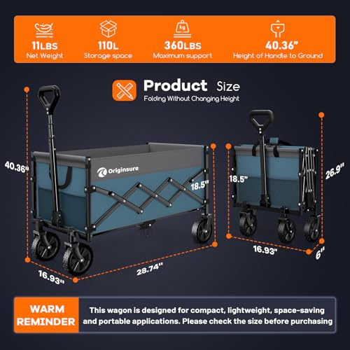 Originsure 110L Portable Foldable Wagon Cart, 360lbs Heavy Duty, Grey&Blue - color: Grey&blue