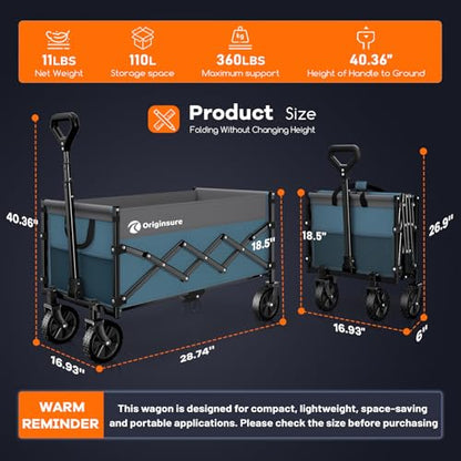 Originsure 110L Portable Foldable Wagon Cart, 360lbs Heavy Duty, Grey&Blue - color: Grey&blue