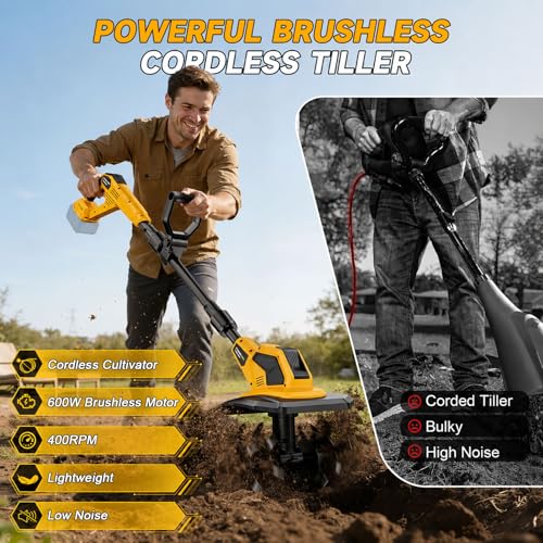Brushless Cordless Tiller Cultivator Compatible with Dewalt 20V Battery (Tool Only), 400RPM Electric Garden Rototiller, 9In Width 7In Depth with 48 Steel Tines for Soil Cultivation & Gardening