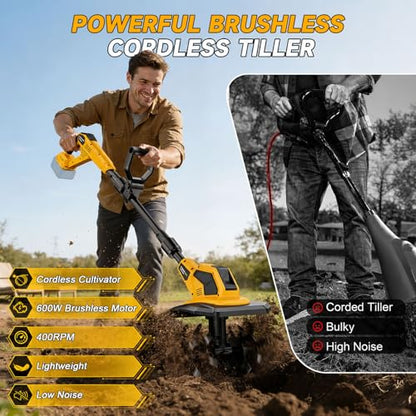 Brushless Cordless Tiller Cultivator Compatible with Dewalt 20V Battery (Tool Only), 400RPM Electric Garden Rototiller, 9In Width 7In Depth with 48 Steel Tines for Soil Cultivation & Gardening