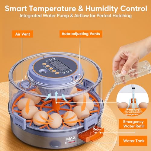 Automatic Egg Incubators for Hatching Eggs, 12 Egg Incubator with Automatic Egg Turning and Humidity Control, Egg Candler, 360° Viewing, Chicken Incubators for Hatching Chick, Duck, Quail, Goose Eggs