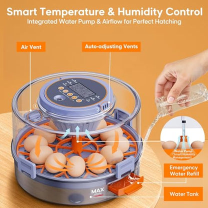 Automatic Egg Incubators for Hatching Eggs, 12 Egg Incubator with Automatic Egg Turning and Humidity Control, Egg Candler, 360° Viewing, Chicken Incubators for Hatching Chick, Duck, Quail, Goose Eggs