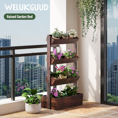 4-Tier Vertical Wooden Raised Garden Bed, herb garden planter, Carbonized - color: Carbonized, size: 4-Tier