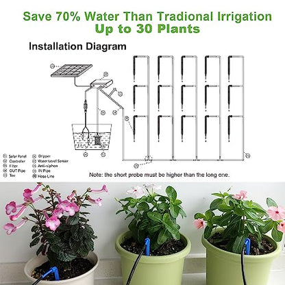 Lewisia 10W Solar Automatic Drip Irrigation Kit Auto Watering System Solar Powered Auto-Irrigation Set for Garden Raised Beds Patio Lawn Greenhouse Potted Plants Up to 50 Plants
