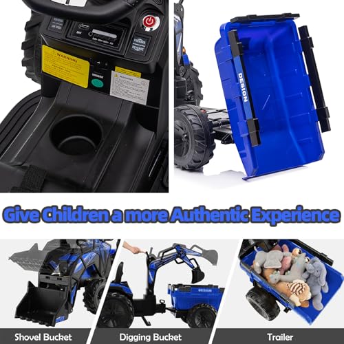 3 in 1 Kids 24V Ride On Tractor, Excavator & Bulldozer, Electric Vehicle w/Trailer, Digger, Shovel Bucket, Remote Control, EVA Tires, LED Lights, Music & USB, Battery Powered Ride On Car Toy, Blue