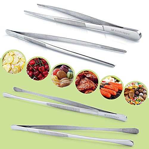 MSY BIGSUNNY Stainless Steel Food Tweezers Multi-function Cooking Tongs Kitchen Serving Tong (12" Round & 12" Pointed Tweezers) - size: 12" Round & 12" Pointed Tweezers - 2 Piece Set