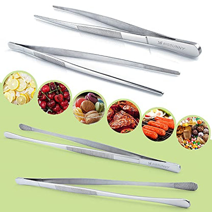 MSY BIGSUNNY Stainless Steel Food Tweezers Multi-function Cooking Tongs Kitchen Serving Tong (12" Round & 12" Pointed Tweezers) - size: 12" Round & 12" Pointed Tweezers - 2 Piece Set