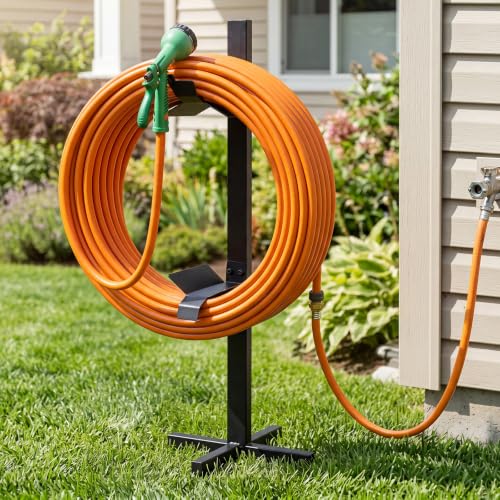 Moxweyeni Garden Hose Reel Holder Stand with Ground Stakes, up to 150-ft Hoses, Detachable Metal Water Hose Holder, Heavy Duty Garden Storage Rack for Outside Yard Lawn