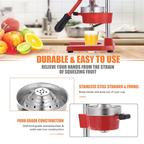 Commercial Heavy Duty Cast Iron Hand Press Manual Orange Citrus Lemon Lime Grapefruit Pomegranate Fruit Juice Squeezer Machine with Stainless Steel Cup Red - color: Red, size: 15 Inch