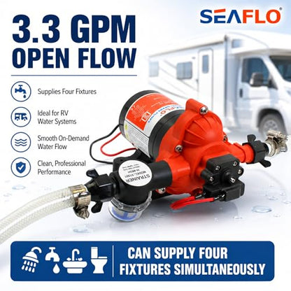 SEAFLO 33 series RV Water Pump - 12V, 3.0 GPM 45 PSI Diaphragm Pump, Self Priming On Demand Fresh Water Pump for RV Camper Boat Marine, Self Priming Pressure Pump, NSF UL 4-Year Warranty - style: 45 PSI- 3.0 GPM