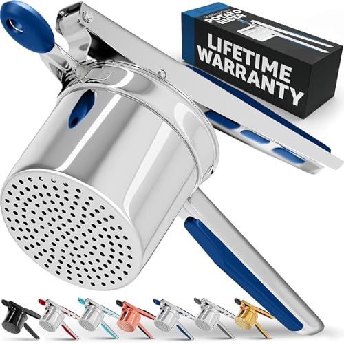 PriorityChef Large 15oz Potato Ricer, Heavy Duty Stainless Steel Potato Masher and Ricer Kitchen Tool, Press and Mash Kitchen Gadget For Perfect Mashed Potatoes - Everytime, Blue - color: Blue