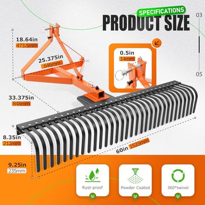 KUAFU 60 in Landscape Rake Compatible with Category-1 Tractor 3 Point - style: Orange