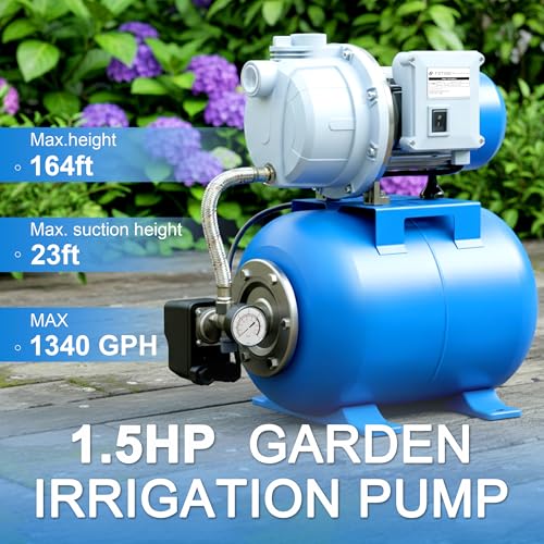 FOTING 1.5HP Shallow Well Pump with Pressure Tank, 1340GPH Jet Pumps Garden Pump, Water Transfer Draining Irrigation Pumps, Water Booster Jet Pump Stainless Steel for Home Garden Lawn Farm, Blue