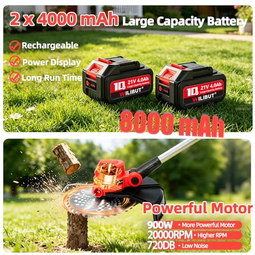 Cordless Weed Wacker with 2 x 4.0Ah Batteries and Wheel - color: Red