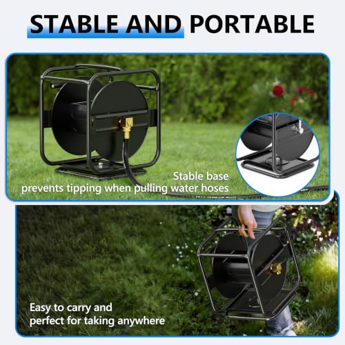 SPECILITE Metal Garden Hose Reel, 360° Rotation Frame, 65-90 FT, Black