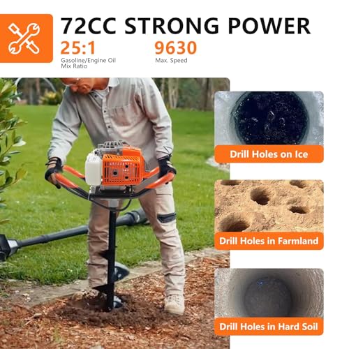 72CC 2-Stroke Gas Powered Post Hole Digger with 6" & 8" Auger Bits + Extension Rod - Heavy-Duty Earth Auger for Farm, Garden, Landscaping (Orange) (72CC + Auger(6" & 8"))