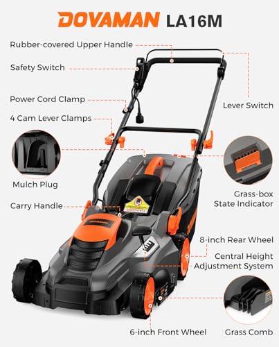 DOVAMAN 13 Amp 16" Lawn Mower, 98% Collection w/13.2-Gallon Bag
