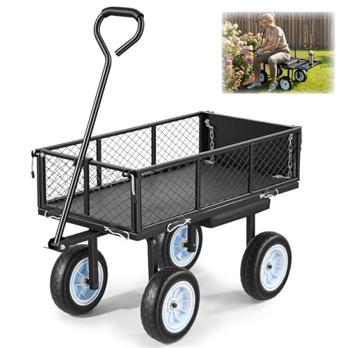 VEVOR 500 LBS Steel Garden Cart with Work Seat, Heavy Duty Garden Wagon Cart on Wheels, Outdoor Metal Utility Yard Wagon Gardening Stool with 10inch Flat Free Tires, Tool Tray & Adjustable Handle - color: Black