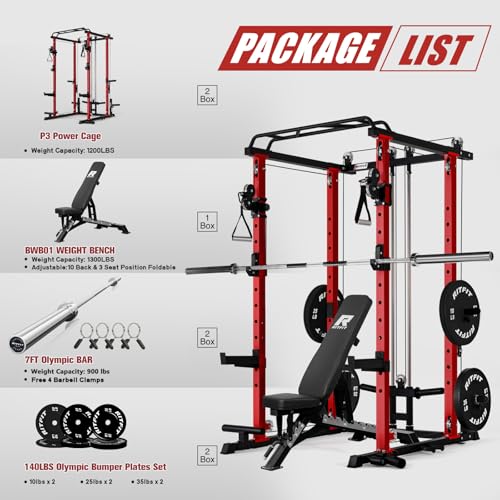 RitFit PPC-P3 Power Cage with Cable Crossover System, 1200LB Capacity - color: Red, style: Package 1.4K (with BP 140lbs Plates)