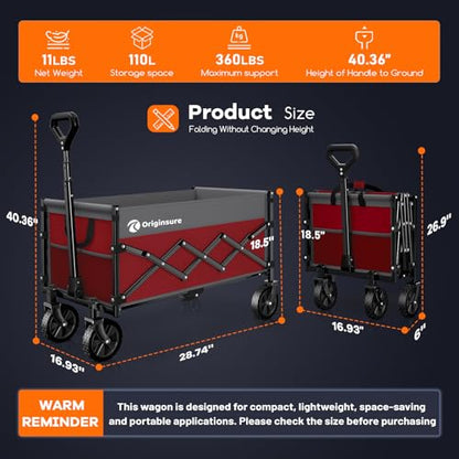 Originsure 110L Portable Foldable Wagon Cart, 360lbs Heavy Duty, Grey&Red - color: Grey&red