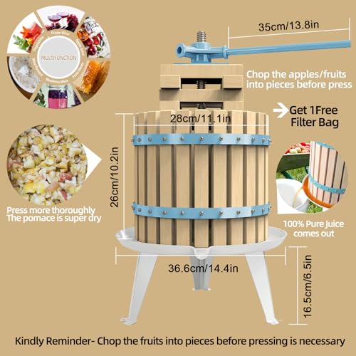 SQUEEZE master Fruit Apple Cider Wine Press-3.17 Gallon/12L- Solid Wood Basket with Fruit Apple Wine Classic Crusher -7 Litre/1.8Gallon