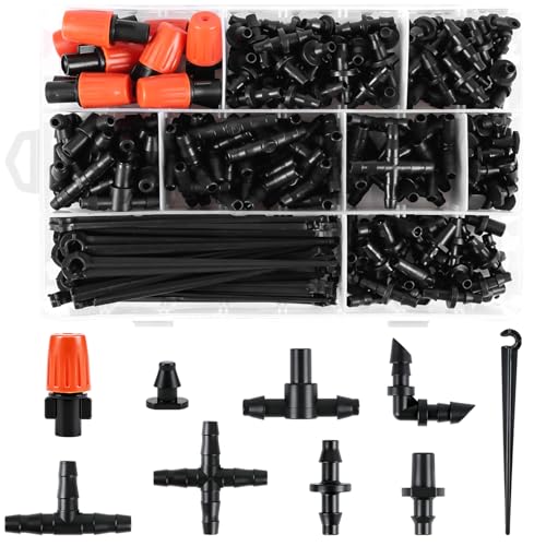 250 Pcs 1/4 Inch Drip Irrigation Fittings Kit, Complete Barbed Connectors Set for 1/4" Tubing - Includes Nozzles, Nozzle Tees, Single Barbs, Couplings, Tees, Elbows, Plugs, Crosses, Stakes - size: 1/4" Kit With Box Storage-250P