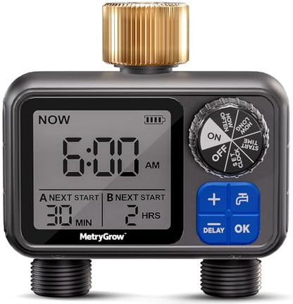 Sprinkler Timer, Programmable Irrigation Water Timer with 2 Brass Inlet for Garden Hose, Automatic Watering System for Yard Lawn, Rain Delay