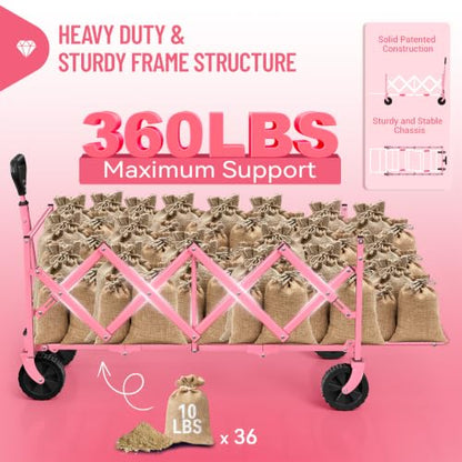 HIKEMOON 43'' Extra Long Folding Wagon with Extended Tailgate, Pink - color: Pink