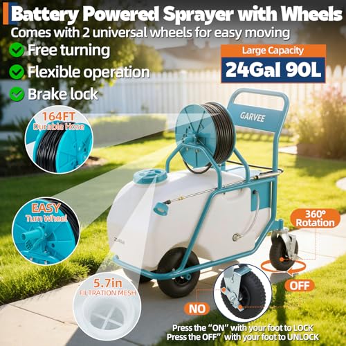 Garvee 24 Gallons Battery Powered Sprayer with Wheeled Cart, 12V 12Ah Electric Sprayer with 6 Nozzles & 2 Wands, 5-6 Hour Runtime, 90PSI Adjustable Pressure, Trigger Lock, Yard Sprayers for Lawn - size: 24 Gal.