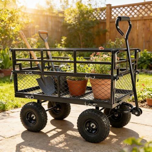 Gecheer Black Double Fence Utility Wagon Cart for Garden, Yard, Farm – Heavy-Duty 600-Lb Capacity with Inflatable Tires & Spacious Bed