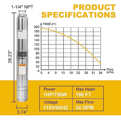 WASSERMANN 4" Deep Well Submersible Pump with 10FT Cable,1HP,115V/60HZ,34GPM,196FT Head,Stainless Steel Single-Phase Water Well Pump for Cities Farmland Irrigation and Home Use - style: 1HP-115V-60HZ