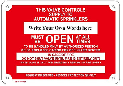 Shut Off Valve - This Valve Controls Supply to Automatic, Fire Sprinkler Sign, 10" x 7" (Aluminium,RED).