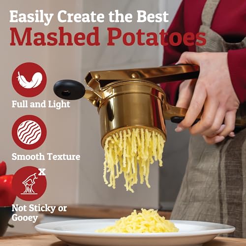 PriorityChef Large 15oz Potato Ricer, Heavy Duty Stainless Steel Potato Masher and Ricer Kitchen Tool, Press and Mash Kitchen Gadget For Perfect Mashed Potatoes - Everytime, Gold and Black - color: Gold