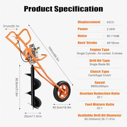 63CC 2-Stroke Hand Push Post Hole Digger with Wheel, 12" Auger Bit - color: 63CC, Orange