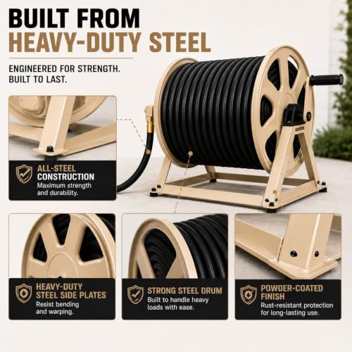 Dual Floor and Wall Mounted Garden Hose Reel, Holds 200ft of Water Hose, Heavy Duty Metal Hose Reel, Space Saving Hose Reel Organizer for Yard, Garage & Shed - color: Tan