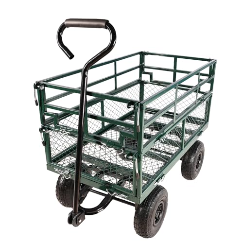 Heavy Duty Utility Wagon, 600lbs Capacity Garden Cart On Wheels, Steel Garden Carts with Removable Mesh Sides, 180° Rotating Handle & 10 Inch Tires for Lawn Mower, Tractor, Garden Waste - color: C-green