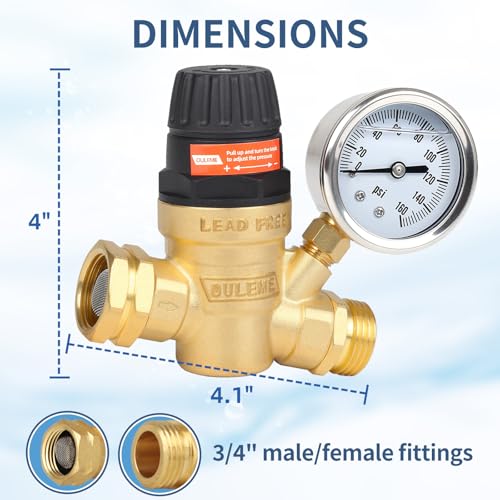 OULEME Adjustable RV Water Pressure Regulator Valve, Lead-Free Brass