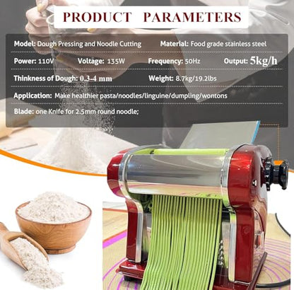 Electric Pasta Noodle Maker Machine, Built-in 2.5 mm Blade, Dough Width 14 cm, 0.3-4 mm Adjustable Thickness, Output 5Kg/H for Home & Commercial Use